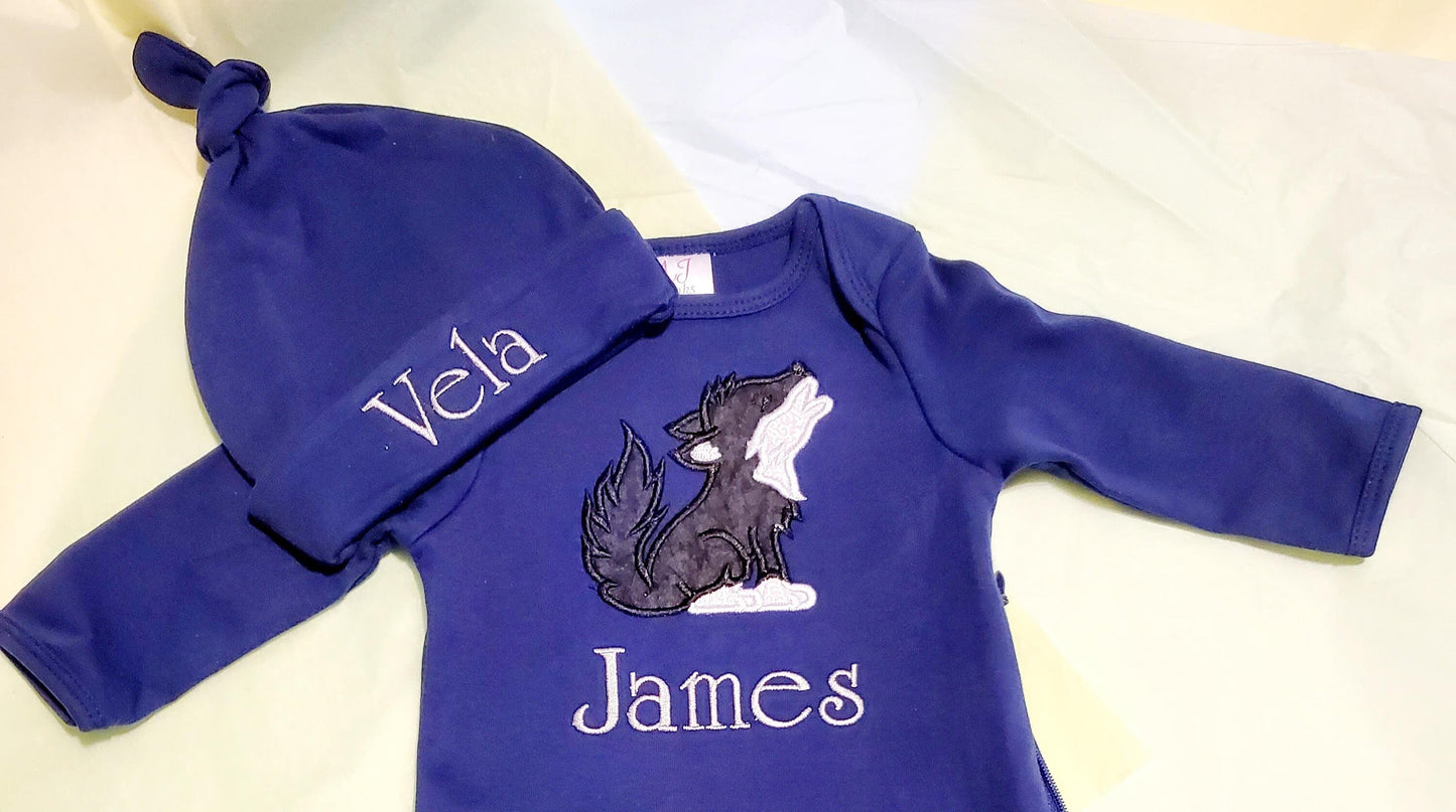 Wolf Pup Baby Gown, Going Home Outfit, Newborn Baby Gown