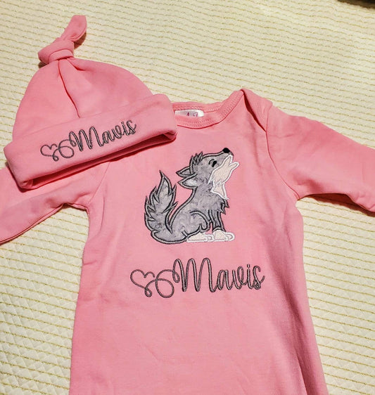 Wolf Pup Baby Gown, Going Home Outfit, Newborn Baby Gown