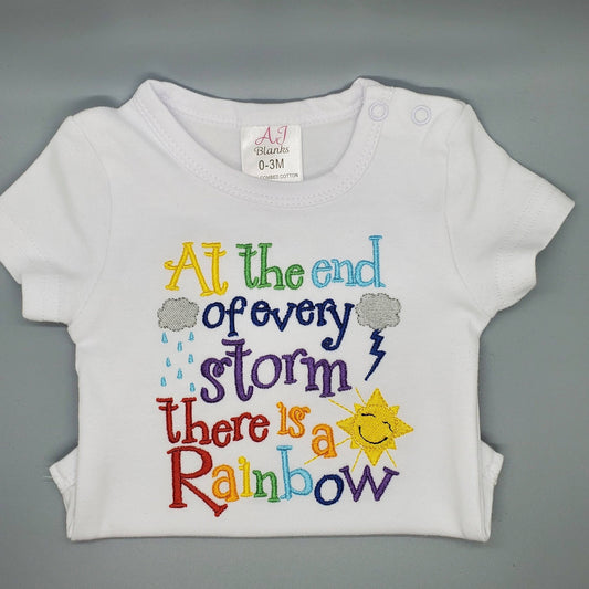At The End of Every Storm There Is A Rainbow, Blessing, Prayed For, Embroidered Onesie, Rainbow